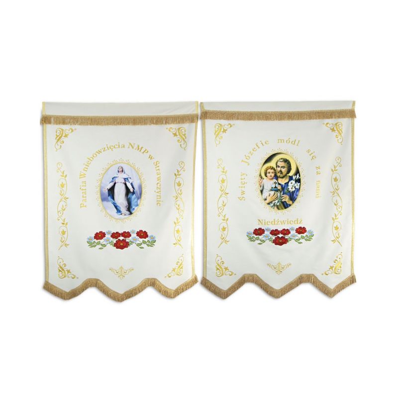 Chorągiew drukowana (Matka Boża, Św. Józef) + haftowane napisy, ornamenty - Chorągiew drukowana (Matka Boża, Św. Józef) + haftowane napisy, ornamenty
