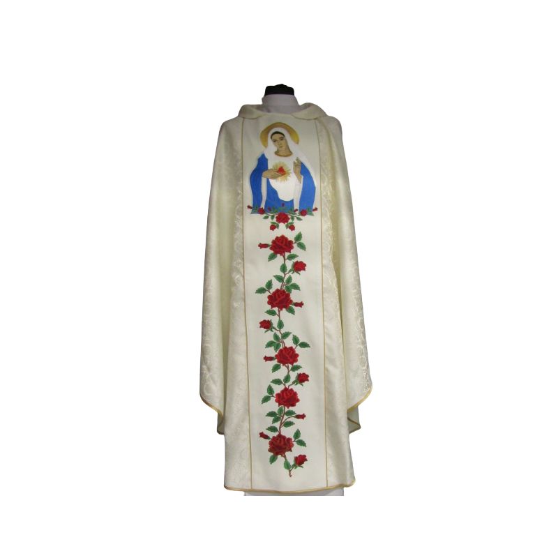 Ornat haftowany Niepokalane Serce Maryi Panny - materiał rozeta ecru - Ornat haftowany Niepokalane Serce Maryi Panny - materiał rozeta ecru