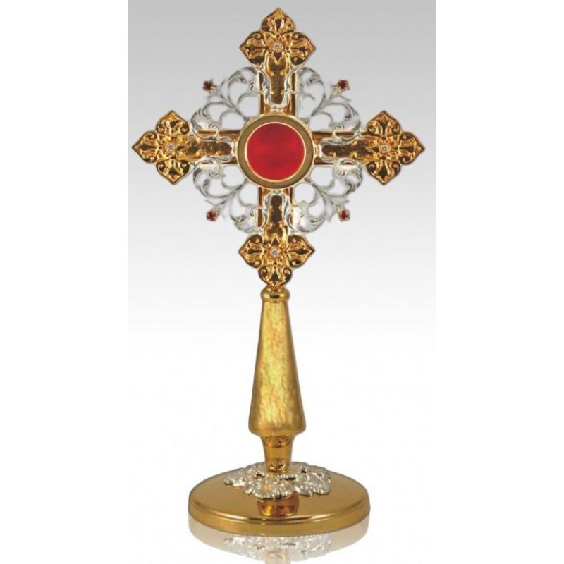 Relikwiarz mosiężny, złocony 40 cm - w formie krzyża (6S) - Relikwiarz mosiężny, złocony 40 cm - w formie krzyża (6S)