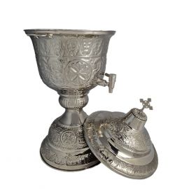 Duża waza na wodę święconą, metalu z ozdobnymi tłoczeniami - 77 cm (1A) - zdjęcie 2 - Duża waza na wodę święconą, metalu z ozdobnymi tłoczeniami - 77 cm (1A)