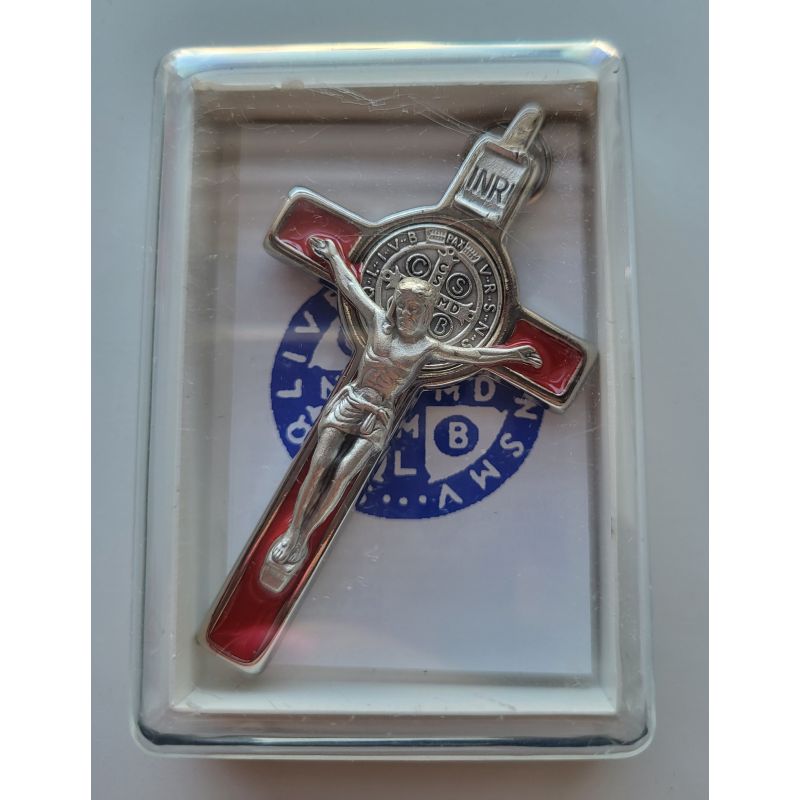 Krzyż Św. Benedykta, metalowy, emalia czerwona 8 x 4,2 cm - Krzyż Św. Benedykta, metalowy, emalia czerwona 8 x 4,2 cm