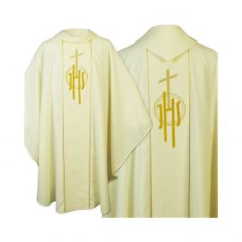 Ornat gotycki ecru, haftowany IHS (124K) - Ornaty białe/ ecru
