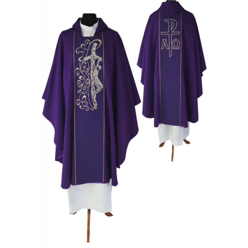 Ornat gotycki fioletowy, haftowany Chrystus na krzyżu (144K) - Ornat gotycki fioletowy, haftowany Chrystus na krzyżu (144K)