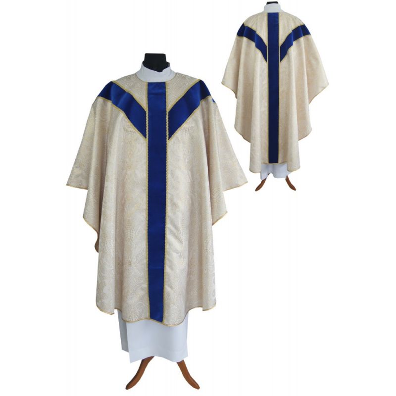 Ornat semi gotycki - złote wzory, niebieskie pasy (74) - Ornat semi gotycki - złote wzory, niebieskie pasy (74)