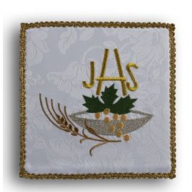 Palka haftowana biała - IHS + zielony liść winogrona - kolor biały, srebrny