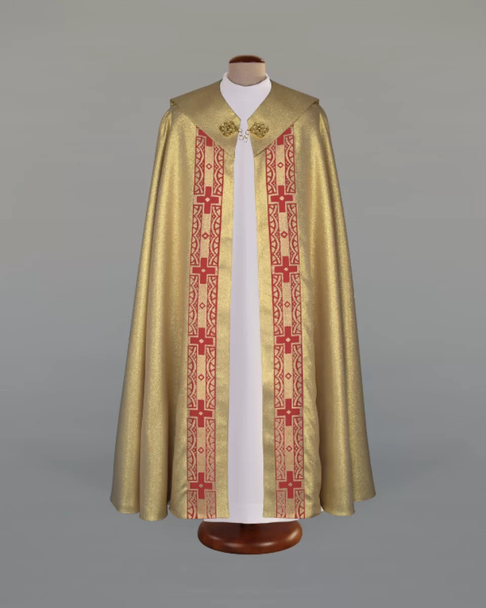 Kapa złota, brokatowa tkanina, zdobiona piękną taśmą (A37) - KAPY LITURGICZNE