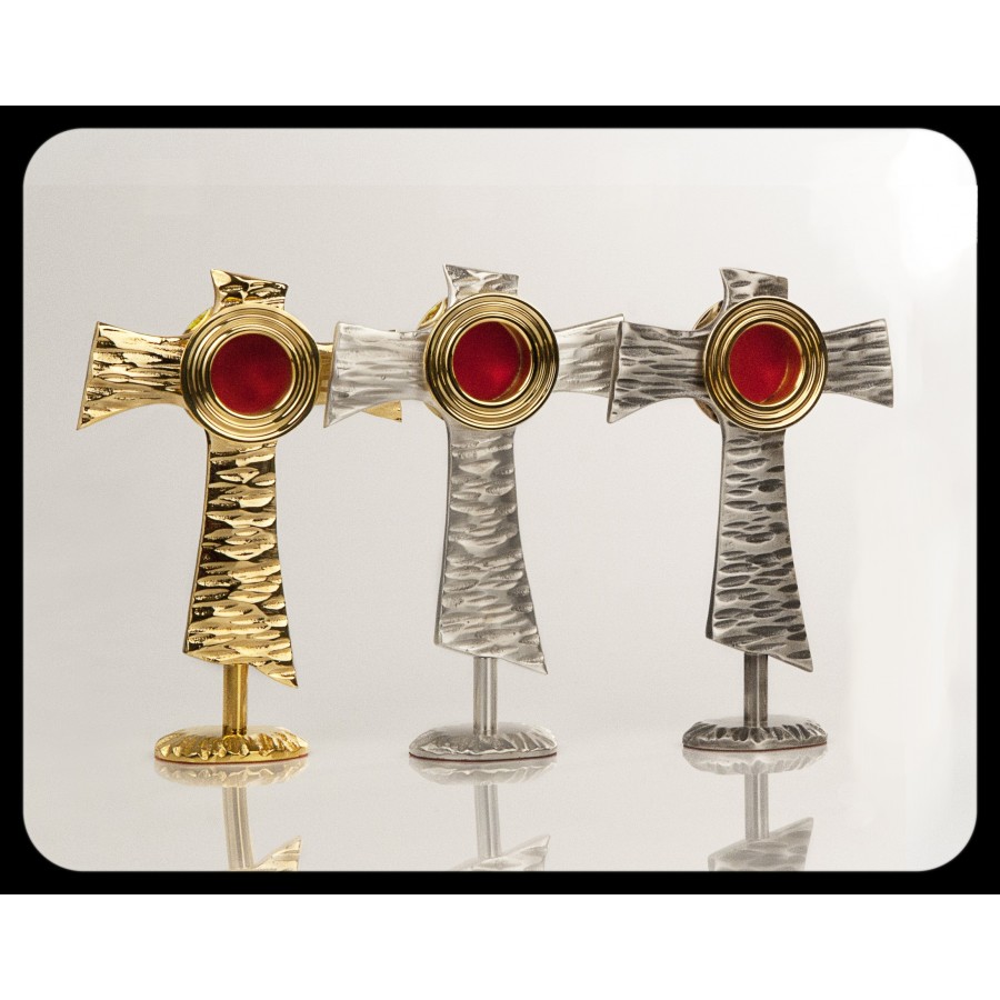 Relikwiarz mosiężny w kształcie franciszkańskiego symbolu. Dostępny w trzech kolorach - wys. 20 cm - Brak kategorii