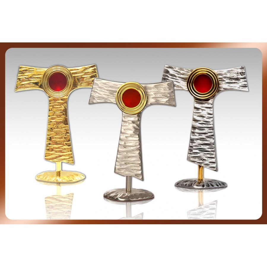 Relikwiarz mosiężny w kształcie franciszkańskiego symbolu "tau". Dostępny w trzech kolorach - wys. 20 cm - Brak kategorii